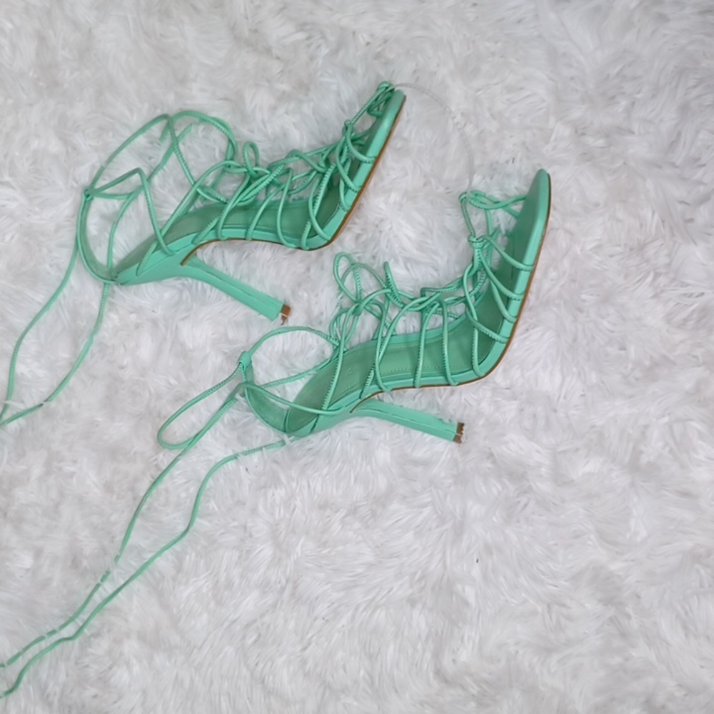 SCHUTZ Heyde Nappa Leather Heeled Strappy Lace Up Sandal Mint Green NEW Size 9.5 - Picture 5 of 10
